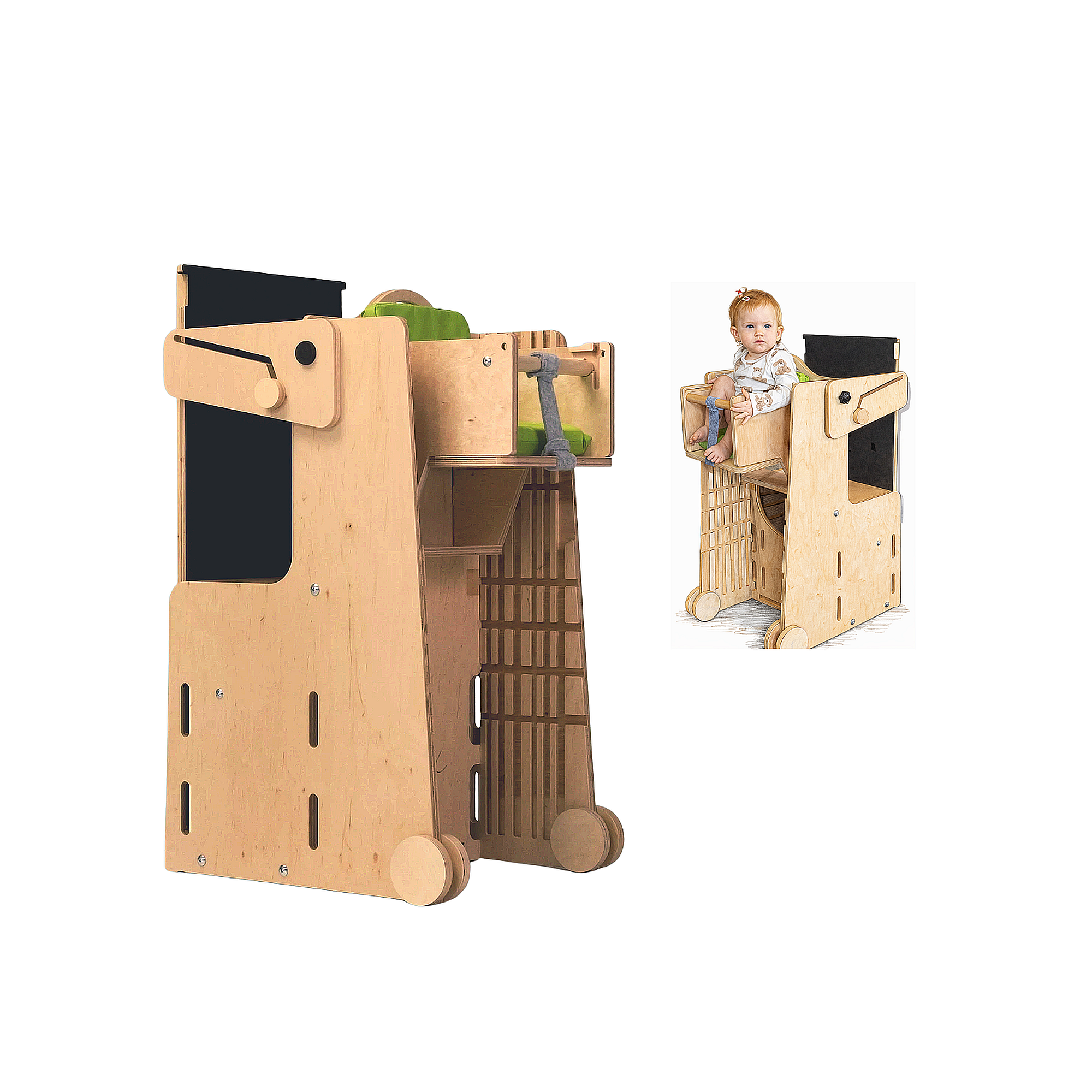 Stația de Joacă - turn, tobogan, tablă de scris, mini birou, rolă de hartie, scaun inalt, premergător