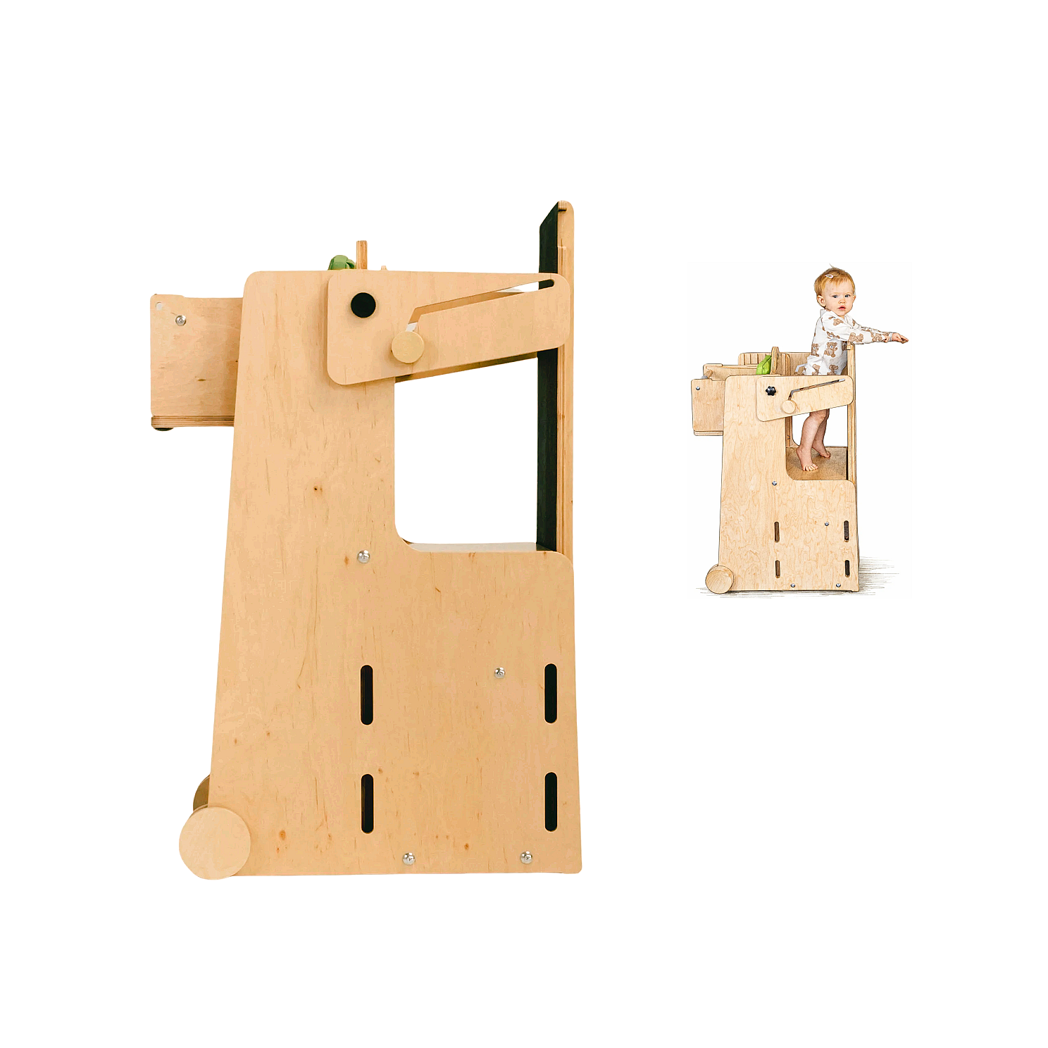 Stația de Joacă - turn, tobogan, tablă de scris, mini birou, rolă de hartie, scaun inalt, premergător