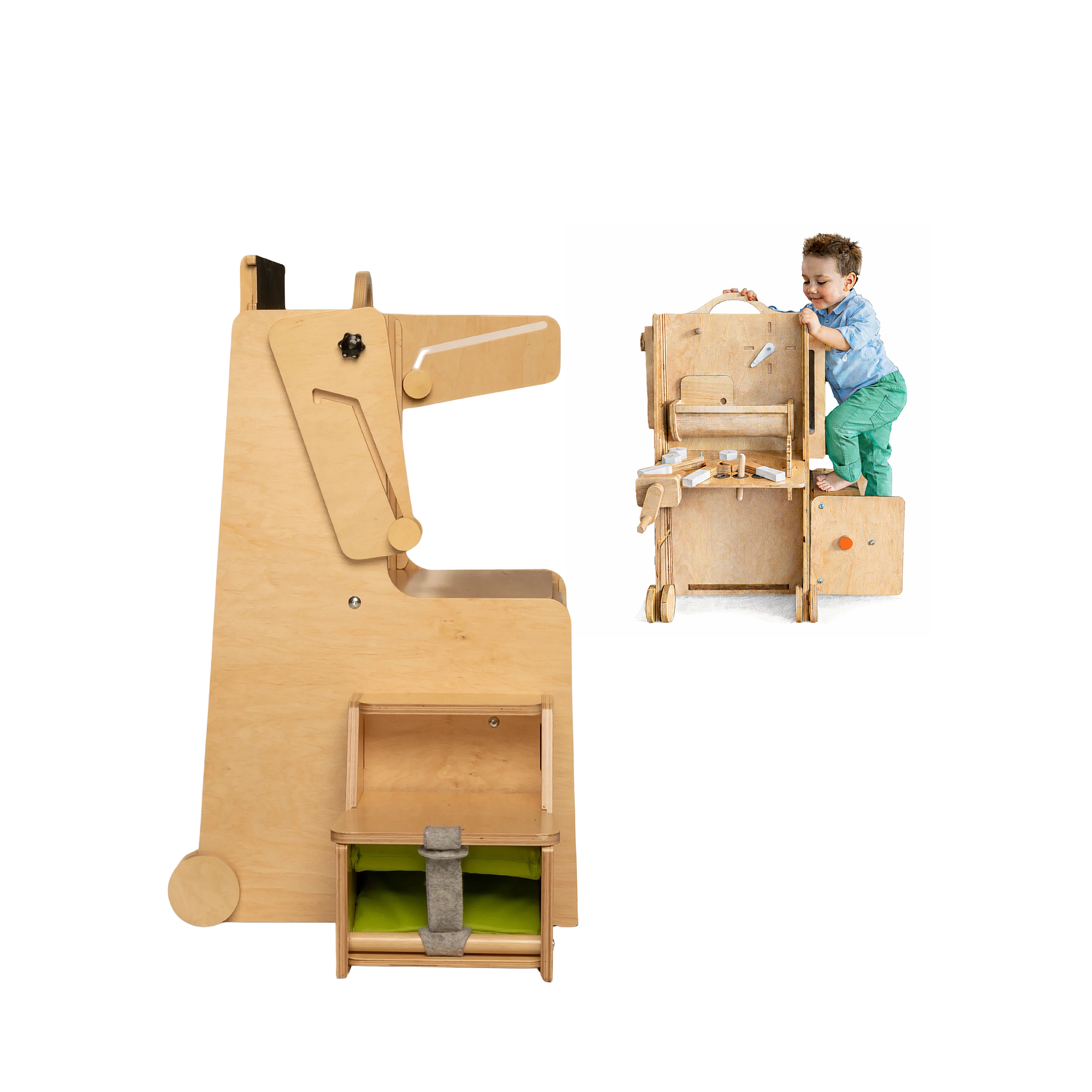 Stația de Joacă - turn, tobogan, tablă de scris, mini birou, rolă de hartie, scaun inalt, premergător