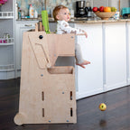 Stația de Joacă - turn, tobogan, tablă de scris, mini birou, rolă de hartie, scaun inalt, premergător