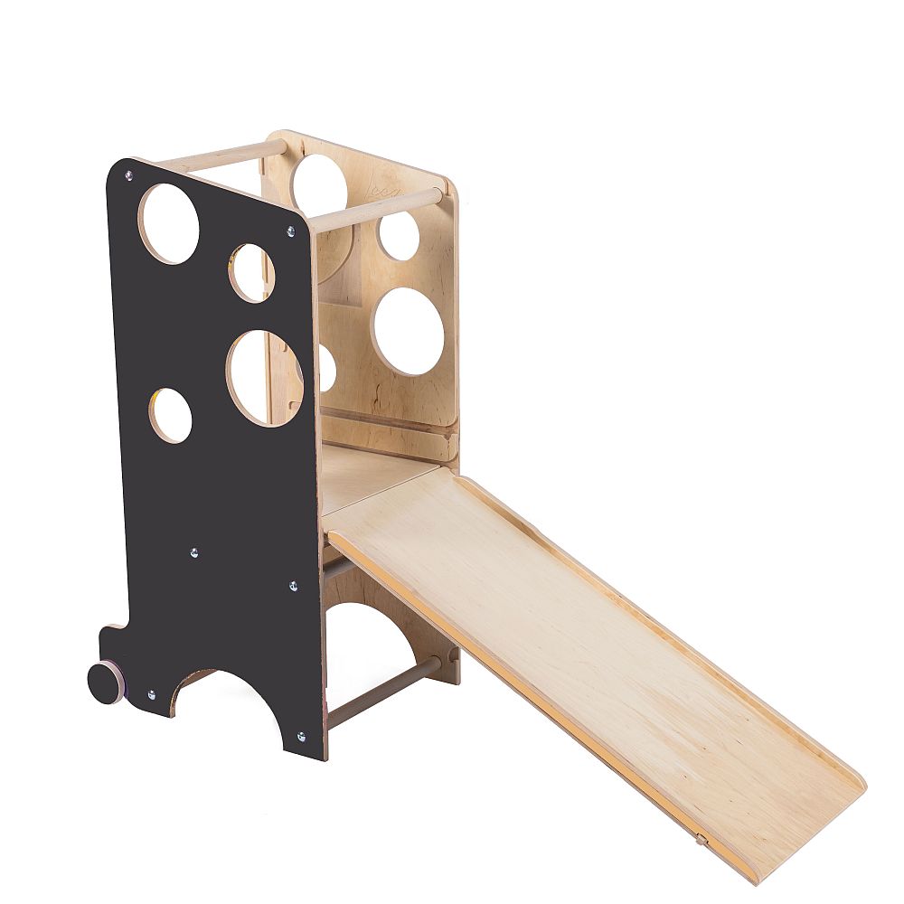 Turnul Leea, culoare NEGRU cu Tobogan, Birou și Tablă de scris (LICHIDARE DE STOC)