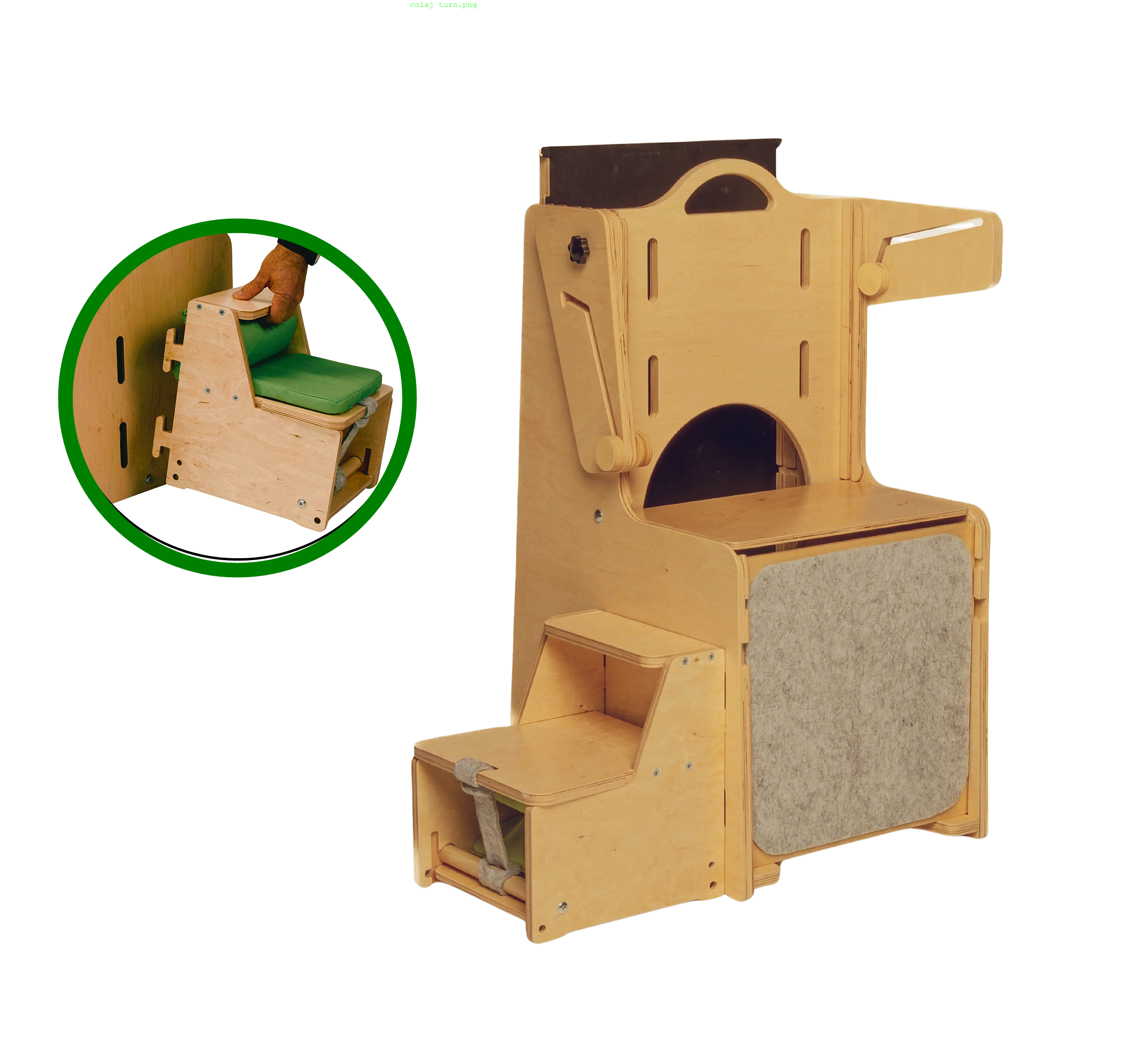 Wooden step stool with green cushioned seat and gray cushioned backrest on a white background.