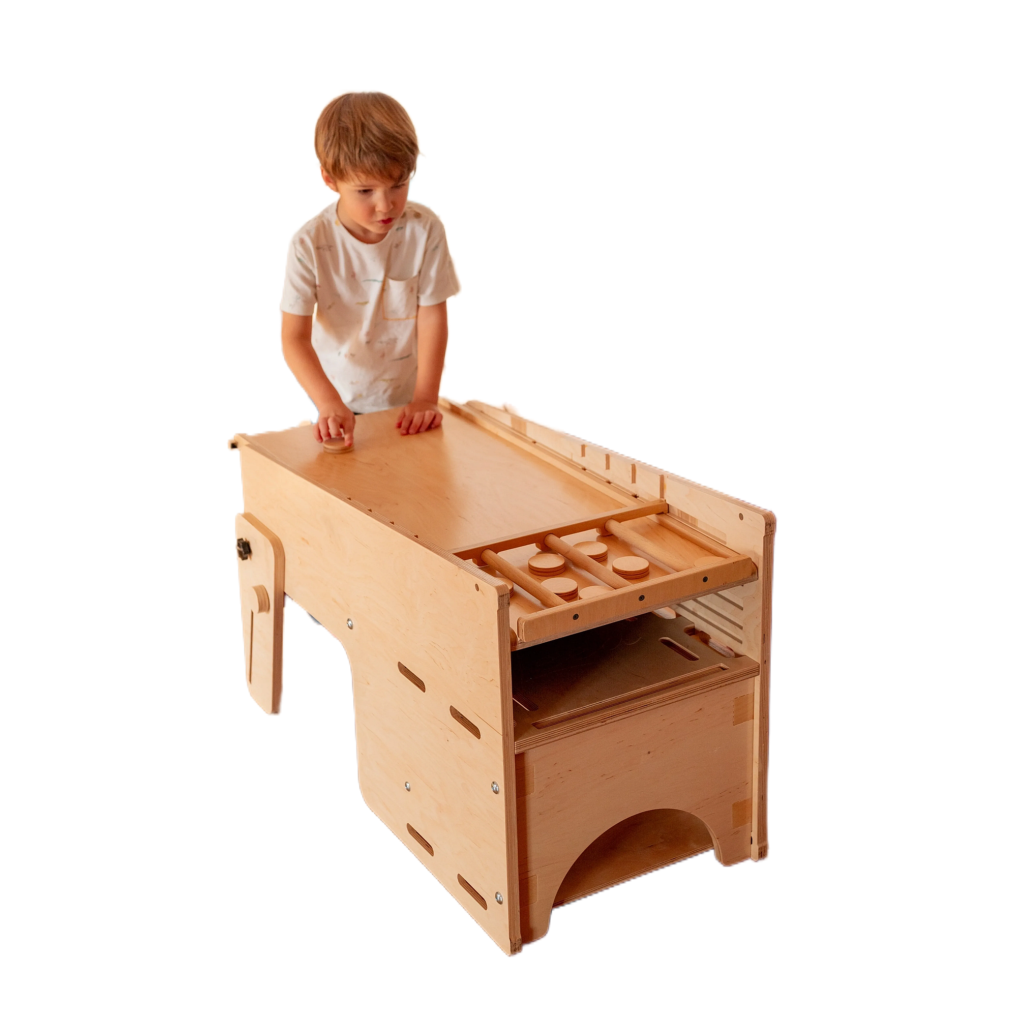 Stația de Joacă - turn, tobogan, tablă de scris, mini birou, rolă de hartie, scaun inalt, premergător